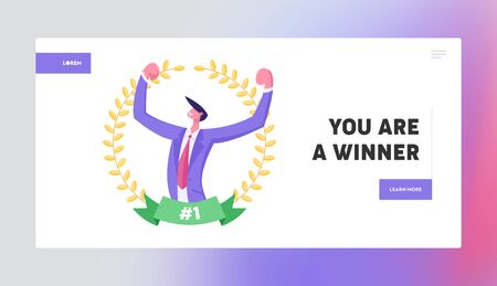 Business Man Manager Best Worker Website Landing Page. Businessman Demonstrate Muscles Inside of Golden Award Wreath with Ribbon. Successful Results Web Page Banner. Cartoon Flat Vector Illustrationのイラスト素材