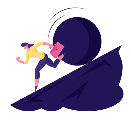 Businesswoman Running Away From Big Stone Rolling Down from Steep Mountain Trying to Fled Disaster or Financial Crisis in Business. Problems, Bankruptcy Concept. Cartoon Flat Vector Illustrationのイラスト素材