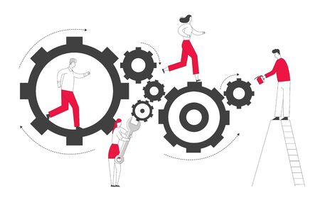 Tiny Men and Women Characters on Ladders with Repair Tools and Instruments Fixing Huge Broken Clocks and Watches Mechanism Made of Gears and Cogwheels, Time Concept. Cartoon Flat Vector Illustrationのイラスト素材