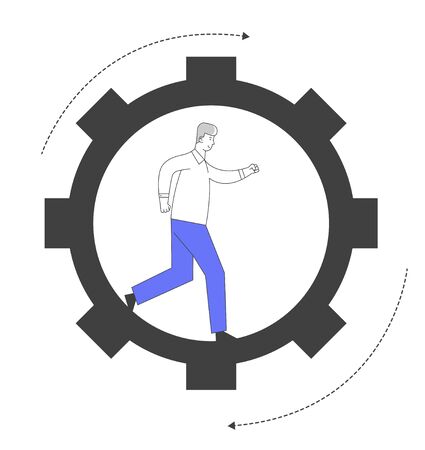 Tiny Male Character Running Inside of Huge Gear Set in Motion Cogwheel Mechanism, Hard Working Businessman Time or Working Process Concept. Man Workaholic Routine Cartoon Flat Vector Illustrationのイラスト素材