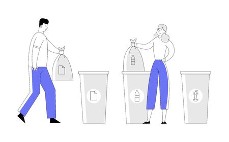 Man and Woman Throw Trash into Recycling Containers and Bags. People Recycle Garbage, Environmental Pollution Problem, Ecology Protection, Reduce Plastic Cartoon Flat Vector Illustration, Line Artのイラスト素材