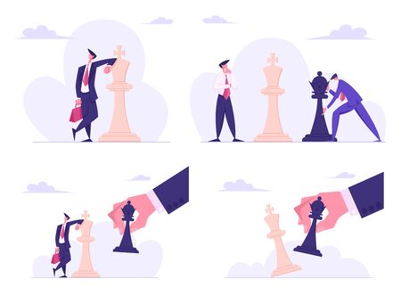 Business Strategy Plan, Businessman Characters Playing Chess. Strategic and Tactic Game for Leadership Growth. Planning and Management Thinking, Competition Concept. Cartoon Flat Vector Illustrationのイラスト素材