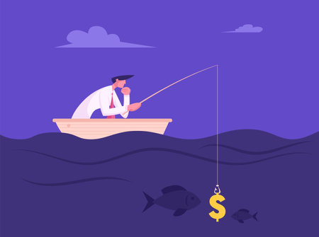 Business Man Fishing with Dollar Sign like Bait. Success Finance Growth Strategy. Manager or Office Employee Earning Money Concept Catching Fish in Opportunities Ocean Cartoon Flat Vector Illustrationのイラスト素材