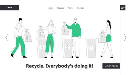 Recycle Environmental Pollution Problem Website Landing Page. People Throw Garbage into Recycling Containers, Collecting Trash. Ecology Protection Web Page Banner. Cartoon Flat Vector Illustrationのイラスト素材
