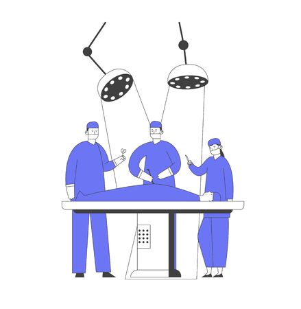 Surgeon Making Operation to Patient Lying on Bed at Surgery Room in Hospital. Nurses Staff Help Giving Medical Tools, Emergency Medical Treatment, Health Care Cartoon Flat Vector Illustration Line Artのイラスト素材