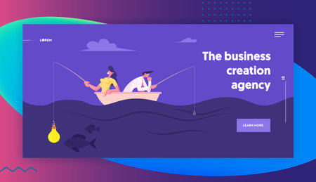 Businesspeople Catching Fish Sitting in Boat with Rods Website Landing Page. Business Woman Having Light Bulb instead of Bait on Hook, Man Have no Lure Web Page Banner Cartoon Flat Vector Illustrationのイラスト素材