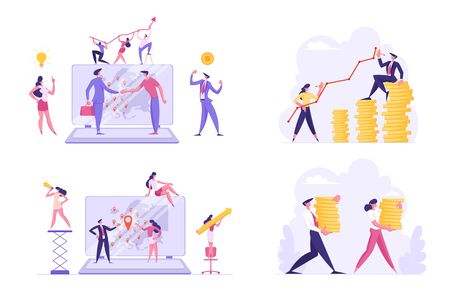 Set of Businesspeople Worldwide Communication and Profit Growth. Male and Female Characters Increasing Money Capital, Using Internet Technologies in Seo Management. Cartoon Flat Vector Illustrationのイラスト素材