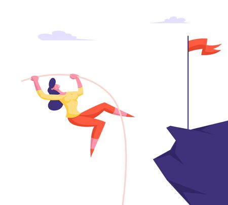 Business Competition Concept with Young Businesswoman Pole Vaulting on Top of High Mountain with Red Flag on Peakのイラスト素材