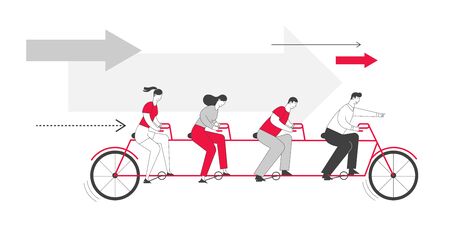 Business Team Riding Tandem Bicycle. Businessmen and Businesswomen Characters on Bike Cooperation Leadership Metaphor. Collective Successful Teamwork Progress Concept Cartoon Flat Vector Illustrationのイラスト素材