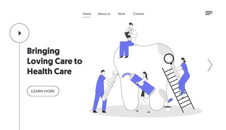 Stomatology ans Dentistry Website Landing Page. Dentists Cleaning, Treating Unhealthy Tooth Plaque and Caries Hole. Doctors Working Together, Brushing Web Page Banner. Cartoon Flat Vector Illustrationのイラスト素材