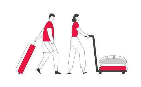 Tourists Traveling. Woman Pushing Trolley with Bag, Man Pulling Luggage. Travel People in Casual Wear with Baggage Hurry, Late for Plane or Registration Cartoon Flat Vector Illustration, Line Artのイラスト素材