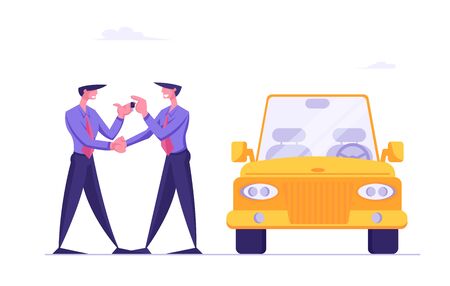 Buying New Luxury Car in Auto Salon or Carsharing. Dealer Center Manager Giving Keys from Modern Auto to Happy Owner. Businessman Reaching Success in Business Concept Cartoon Flat Vector Illustrationのイラスト素材