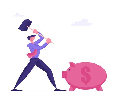 Money Saving Concept. Business Man Character Hitting Piggy Bank with Hammer going to Take Coins from Moneybox. Financial Savings, Investment Deposit. Finance Problems. Cartoon Flat Vector Illustrationのイラスト素材
