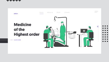 Patient at Dentist Office Website Landing Page. Young Woman Sitting in Medical Chair at Stomatology Cabinet, Doctor Watching X-ray of Bad Tooth on Pc Web Page Banner. Cartoon Flat Vector Illustrationのイラスト素材