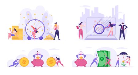 People Increasing Savings, Making Investments. Male and Female Business Characters Growing Wealth Profit, Save Money in Piggy Bank, Magnifying Partners Worldwide. Cartoon Flat Vector Illustrationのイラスト素材