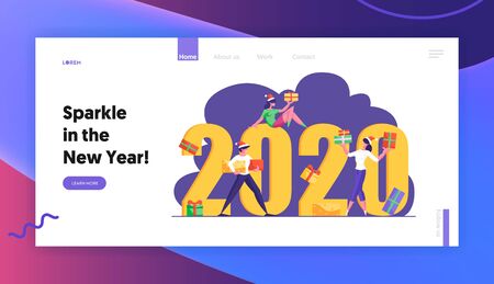 Winter Season Holidays Website Landing Page. Tiny Business People Colleagues Celebrate New Year Corporate Party Near Giant 2020 Number with Gift Boxes Web Page Banner. Cartoon Flat Vector Illustrationのイラスト素材