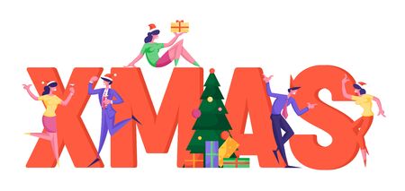 Winter Season Holidays, Xmas Corporate Celebration Concept. Tiny Business People Celebrating Christmas Poster Banner Flyer Brochure Poster, Banner, Flyer, Brochure. Cartoon Flat Vector Illustrationのイラスト素材