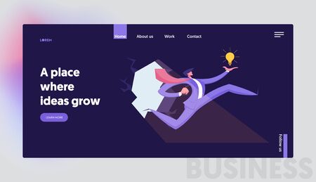Creative Idea Business Challenge Website Landing Page. Brave Businessman with Glowing Light Bulb in Hand Breakthrough Rock Wall to Darkness for Success Web Page Banner Cartoon Flat Vector Illustrationのイラスト素材