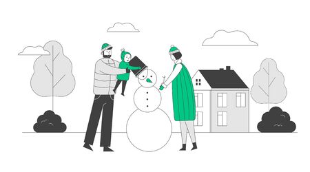 Happy Family of Mother Father and Little Baby Spend Time Outdoors Making Snowman on Street. Dad Holding Child who Putting Bucket on Snow Man Head, Mom Help Cartoon Flat Vector Illustration, Line Artのイラスト素材