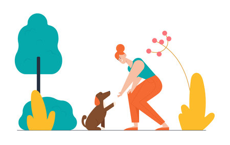 Happy Woman Playing with Dog on Street in Park Having Leisure. Female Character Spend Time with Domestic Animal. Dog Giving Paw to Owner, Friendship Lifestyle Relation Cartoon Flat Vector Illustrationのイラスト素材