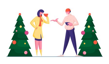 Couple of Man and Woman in Winter Clothing Having Warm Conversation Standing at Decorated Christmas Trees Drinking Hot Beverages. Xmas Market, Good Friends Meeting. Cartoon Flat Vector Illustrationのイラスト素材