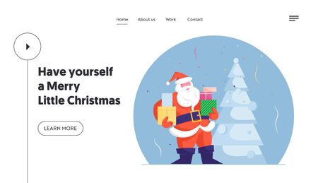Traditional Seasonal Merry Christmas Celebration Website Landing Page. Fat Happy Santa Claus with Gift Boxes in Arms Standing at Decorated Xmas Tree Web Page Banner. Cartoon Flat Vector Illustrationのイラスト素材