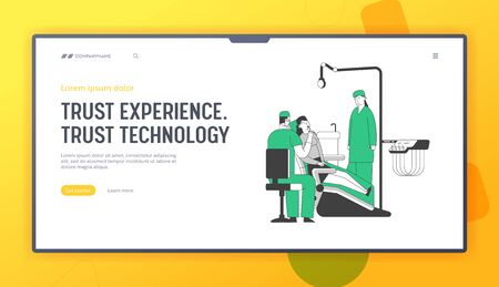 Dentist Medical Check Up Website Landing Page. Woman Lying in Medical Chair in Stomatologist Cabinet. Doctor Conducting Patient Health with Nurse Help Web Page Banner. Cartoon Flat Vector Illustrationのイラスト素材