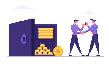 Businessman Bank Employee Giving Key from Safe to Business Man. Deposit Box Concept with People Collecting Money Savings. Fund Investment with Characters and Earnings Cartoon Flat Vector Illustrationのイラスト素材