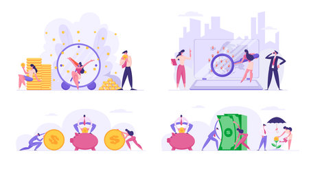 People Increasing Savings, Making Investments. Male and Female Business Characters Growing Wealth Profit, Save Money in Piggy Bank, Magnifying Partners Worldwide. Cartoon Flat Vector Illustrationのイラスト素材