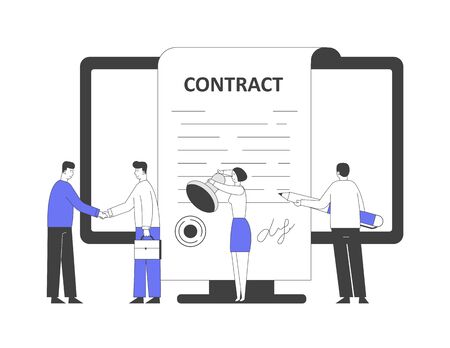 Business People Make a Deal Agreement, Shaking Hands, Checking and Signing Contract. Characters Standing at Pc Screenのイラスト素材