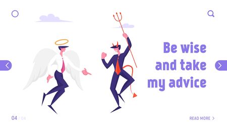 Business Characters Angel and Demon Arguing in Heaven Website Landing Page. Satan Holding Pitchfork and Holy Spirit with White Wings Confrontation Web Page Banner. Cartoon Flat Vector Illustrationのイラスト素材