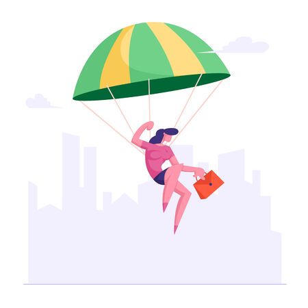 Modern Business Lady with Briefcase in Hand Flying with Parachute on City Skyline Background. Brave Business Idea, Achievement and Leadership Concept. Risky Effort Cartoon Flat Vector Illustrationのイラスト素材