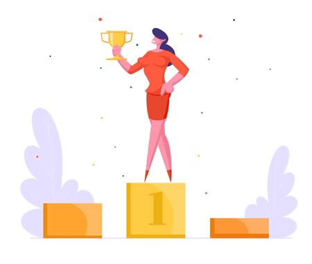 Successful Businesswoman in Elegant Dress Posing with Golden Goblet on First Place of Winners Pedestal Winner Businessのイラスト素材