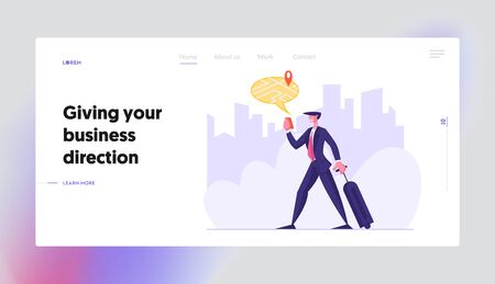 Mobile Gps Navigation Cellphone Application Website Landing Page. Businessman with Baggage Finding Right Place on Deviceのイラスト素材