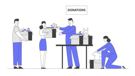 Donation and Charity Concept. Male and Female Characters Bringing Boxes with Toys and Clothes for Poor People and Kids Appears in Complicated Life Situation. Cartoon Flat Vector Illustration, Line Artのイラスト素材