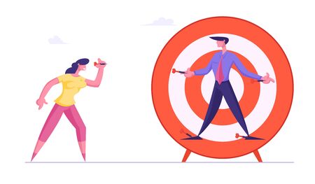 Businesswoman Aiming with Darts to Businessman Nailed to Huge Target. Unfair Fight Bulling Businesspeople Fighting for Leadership Competition Challenge Dirty Trick Cartoon Flat Vector Illustrationのイラスト素材