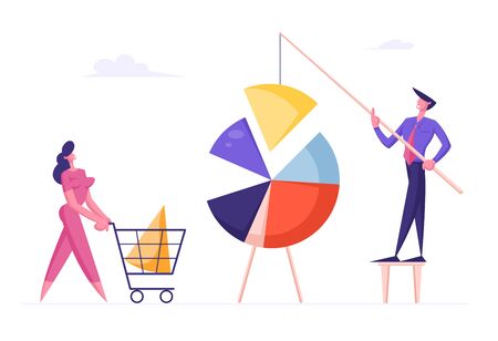Business People Connecting Huge Pie Chart Elements. Team Partnership, Teamwork Cooperation Concept. Businesspeople Characters Set Up Separated Graph Construction. Cartoon Flat Vector Illustrationのイラスト素材