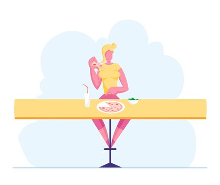 Young Woman Visiting Fastfood Restaurant or Cafe. Female Character Sitting at Table Eating Pizza and Drinking Soda Beverage. Girl Have Relaxing Sparetime in Cafeteria. Cartoon Flat Vector Illustrationのイラスト素材