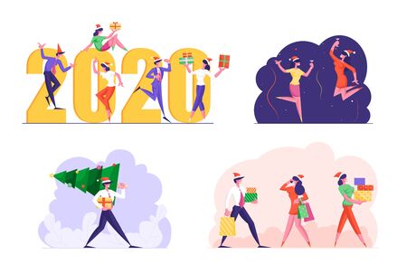 Set of Cheerful Colleagues in Santa Hats Prepare and Celebrate Xmas and 2020 New Year Party in Office . Happy People Workers Dancing Having Fun at Christmas Corporate Cartoon Flat Vector Illustrationのイラスト素材