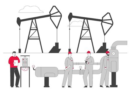 Gas Industry Concept with Male Characters Working on Pipeline. Engineer Control Pipe, Workers in Uniform and Hardhats Holding Instruments on Production Line. Cartoon Flat Vector Illustration, Line Artのイラスト素材