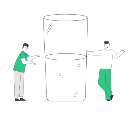 Optimist and Pessimist. Couple of Male Characters Stand at Huge Water Glass Discussing if it is Half Full or Emptyのイラスト素材