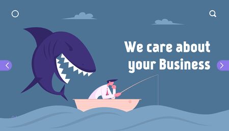 Unexpected Difficulties, Crisis Website Landing Page. Thoughtful Businessman Fishing in Ocean, Huge Shark Sneak Up to him from Back Prepare to Attack Web Page Banner. Cartoon Flat Vector Illustrationのイラスト素材