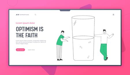 Optimist and Pessimist Website Landing Page. Men Stand at Water Glass Discussing if it is Half Full or Empty. Positive Negative Life Attitude Web Page Banner. Cartoon Flat Vector Illustration Line Artのイラスト素材
