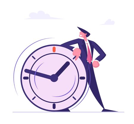 Self Confident Businessman Leaning on Huge Clock. Deadline, Time Management in Working Process and Procrastination Concept. Planning and Strategy for Business Solution Cartoon Flat Vector Illustrationのイラスト素材