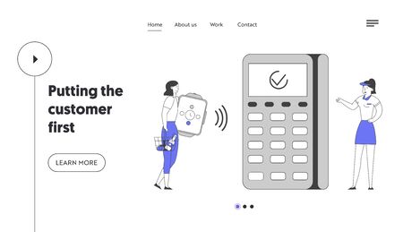 Technologies in Shopping Website Landing Page. Woman Customer Use Smart Watch for Paying in Supermarket. Saleswoman with Huge Pos Terminal Web Page Banner. Cartoon Flat Vector Illustration, Line Artのイラスト素材