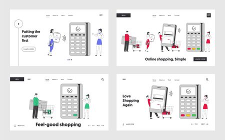 Cashless Payment Transaction Website Landing Page Set. Customers Stand in Queue in Supermarket Prepare Cards and Gadgets at Pos Terminal Web Page Banner. Cartoon Flat Vector Illustration, Line Artのイラスト素材
