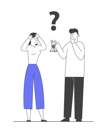Confused Woman Holding Head, Man with Bunch of Keys with Question Mark above Head. Searching Solution, Forgot Password Help Aid Concept. Did You Know Tips. Cartoon Flat Vector Illustration, Line Artのイラスト素材