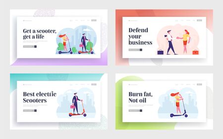 Betrayal, Ecology Transport Website Landing Page Set. Business People Riding Electric Scooter Hurry to Workのイラスト素材