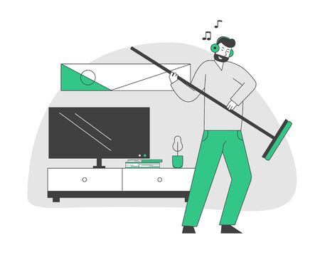 Male Character in Headset Listening Music and Dancing with Broom as it is Electric Guitar while Cleaning Home Living Room. Domestic Work, Man Sweeping Floor. Cartoon Flat Vector Illustration, Line Artのイラスト素材