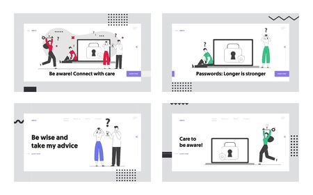 Users Try to Remember Lost Account Password Website Landing Page Set. Internet Profile Protection, Cyber Security, Forgotten Pin Code Aid Web Page Banner. Cartoon Flat Vector Illustration, Line Artのイラスト素材